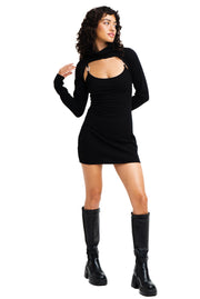 Black ribbed mini dress with carabiner details and matching sleeves.