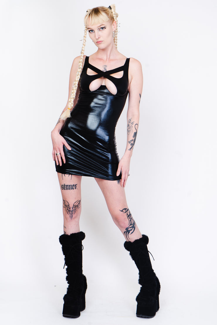 Black vinyl mini dress with cross over details and underboob cutouts.