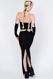 Floor length black with with tie on waist detail.