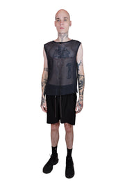Men's black organic cotton net top featuring a bold silver ring accent at the front, blending edgy style with sustainable design.