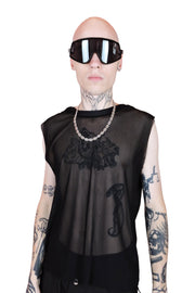 Oversized black futuristic sunglasses with bold angular frames and sleek black lenses from the front. For men or women.