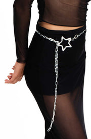Silver chain belt with star shaped closure.