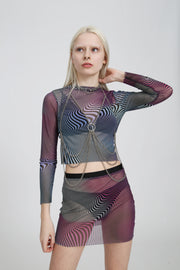Mesh longsleeve top in a purple, blue, pink, and black abstract print on a white background, fitted and sheer with stretchy fabric.