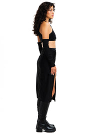 Mid length black skirt with high slits and silver carabiner closures.