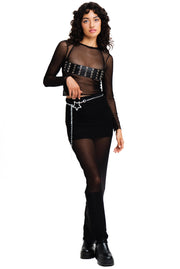 Black see through long sleeve top with belted detail.