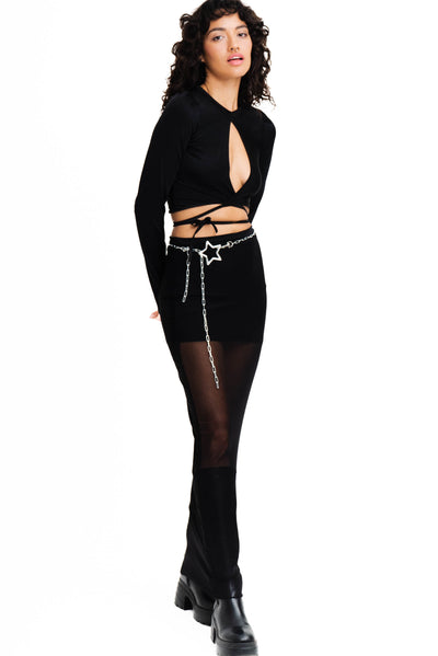 Long sleeve black top with a tie on closure and large cutout.