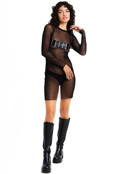 Black see through mesh mini dress with belted top detail.