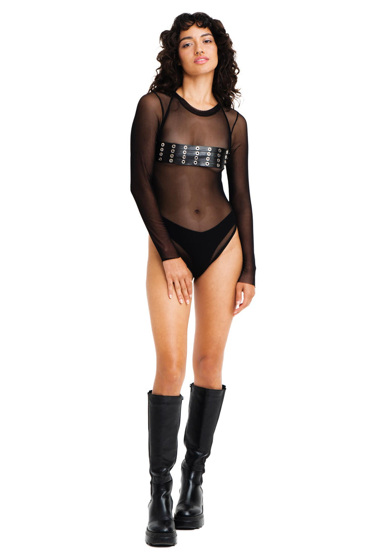 Black see through mesh bodysuit with belted top detail.