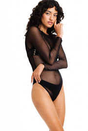 Black see through mesh bodysuit with belted top detail.