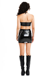 Tight black vinyl mini skirt with silver harware details.