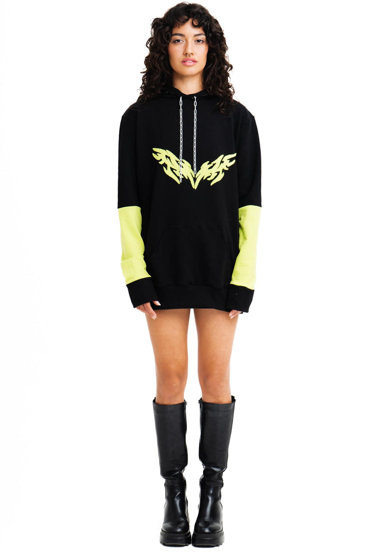 Black and neon green sweatshirt with a tribal print.