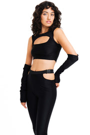 Layered black top with matching sleeves for raves.