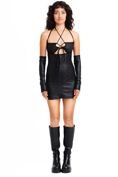 Black snake print mini dress with strappy details.