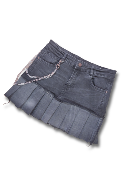 Upcycled jean mini skirt with pleats and a butterfly print,
