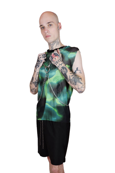 Black and green men's mesh top with an abstract pattern, crafted from lightweight and breathable fabric for a bold and stylish look.