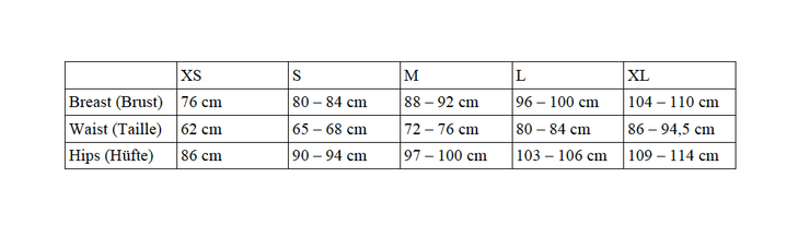 Size table with centimeters.