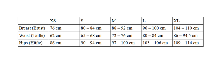 Table with sizing. 