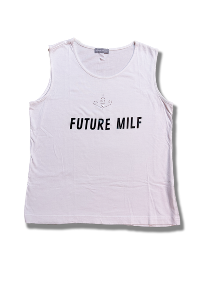 White tank top with a "Future milf" print and gems.