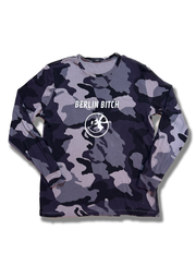 Black and gray camouflage shirt with a "BERLIN BITCH" and smiley print.