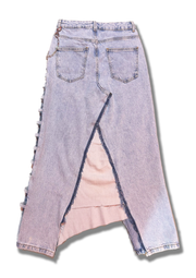 Light blue upcycled jean skirt and chain detail.