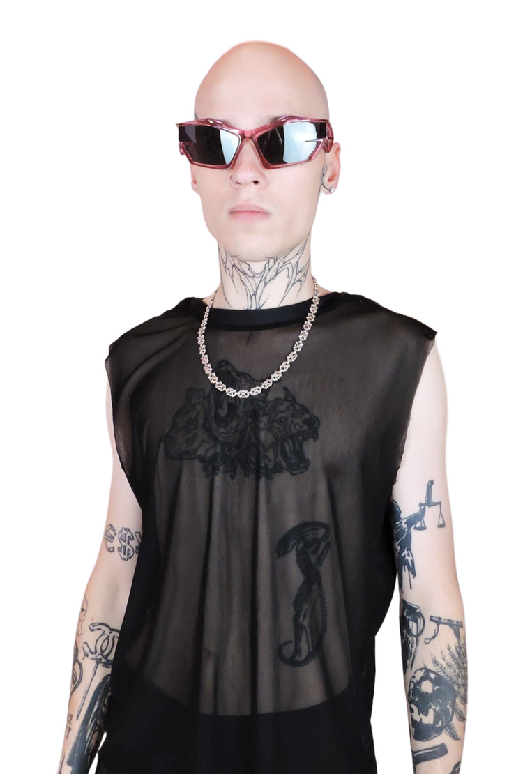 Transparent pink sunglasses with bold, reflective lenses and sleek, modern frame from the front. For men or women.