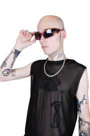 Transparent pink sunglasses with bold, reflective lenses and sleek, modern frame. For men or women.