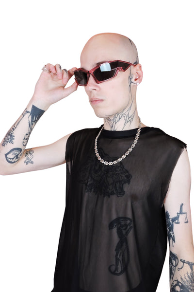 Transparent pink sunglasses with bold, reflective lenses and sleek, modern frame. For men or women.