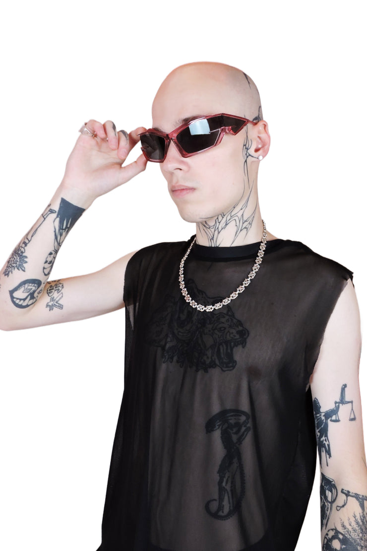 Transparent pink sunglasses with bold, reflective lenses and sleek, modern frame. For men or women.