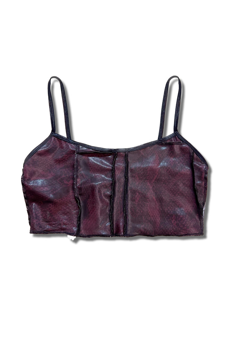 Purple snake skin crop top in a sero waste style.