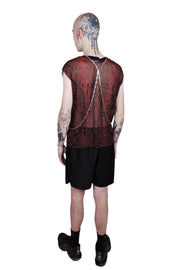 Men's red snake mesh tank top featuring a bold reptilian pattern, designed for a breathable and edgy look
