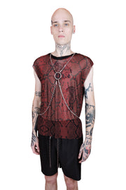Close up of men's red snake mesh tank top featuring a bold reptilian pattern, designed for a breathable and edgy look