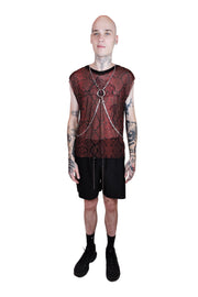 Men's red snake mesh tank top featuring a bold reptilian pattern, designed for a breathable and edgy look