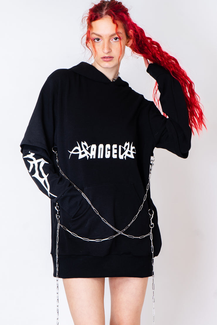 Black oversized hoodie with tribal print and chain detailing.