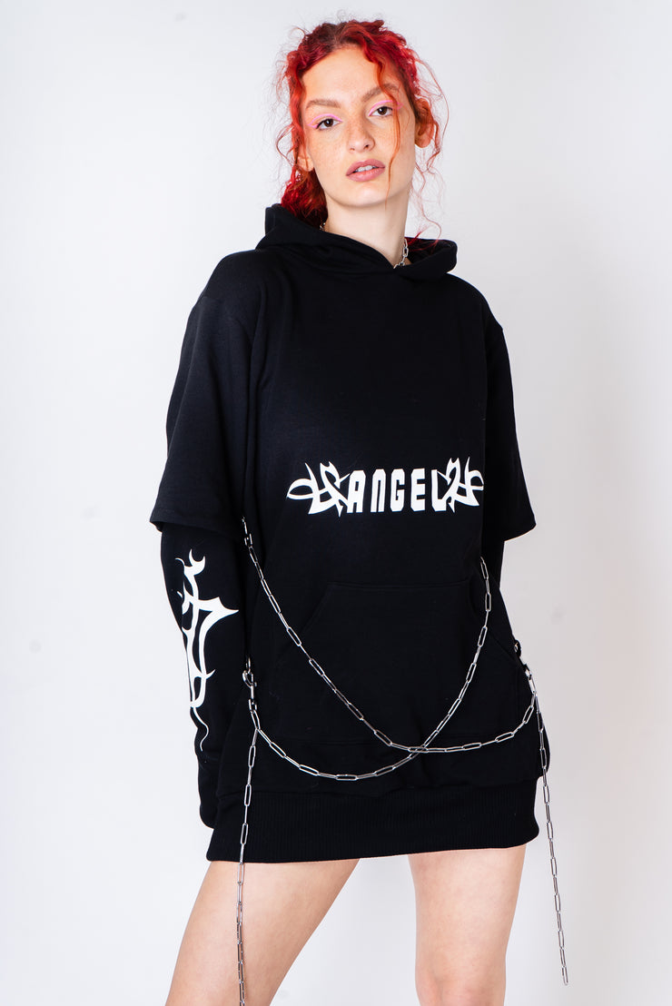 Black oversized hoodie with tribal print and chain detailing.