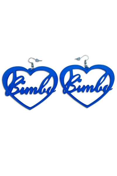 Oversized clear blue earrings in a heart form with a "Bimbo" text.