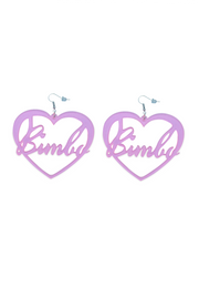 Oversized clear pink earrings in a heart form with a "Bimbo" text.