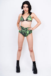 Neon green and black snake print bikini top with underboob cutout.