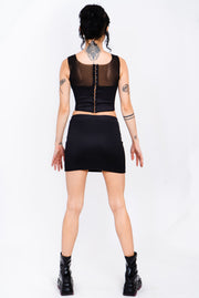 Black layered corset with mesh and neoprene.