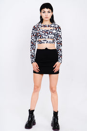 Black, white, and red tribal print layered top.