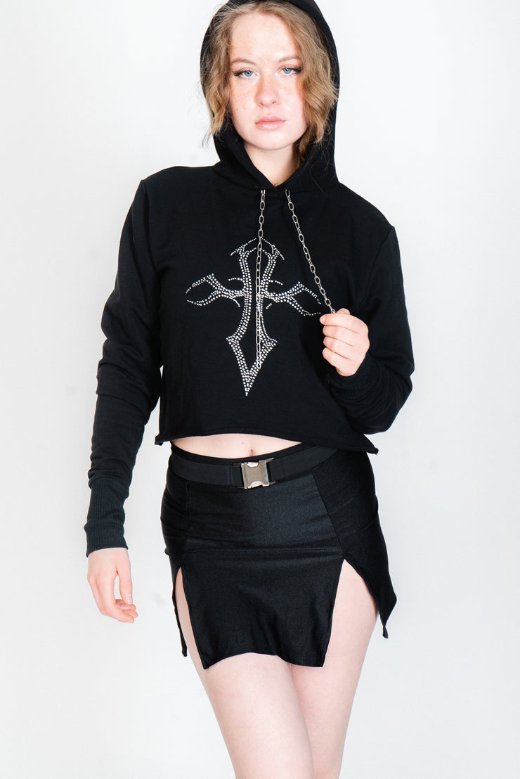 Black cropped sweatshirt with silver rhinestone cross print.