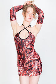 Red and black snake print mini dress with keyhole cutout.