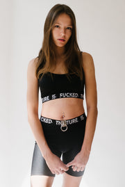 Shiny black crop top with a FUTURE IS FUCKED elastic band.