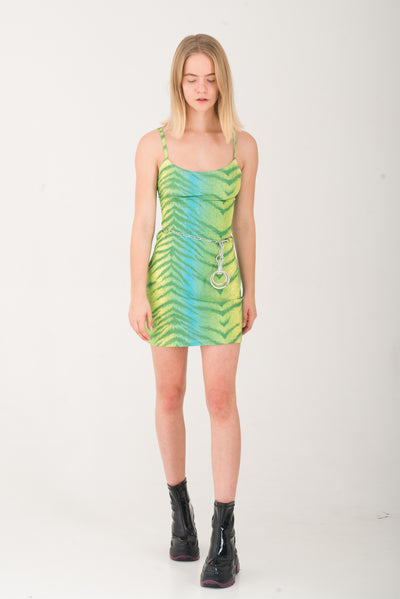 Neon green and blue tiger print mini dress.