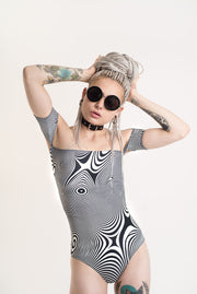 trippy black and white bodysuit