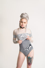 trippy black and white bodysuit and white mesh top