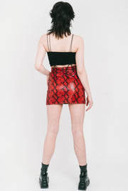 Cherry red snake skin skirt with silver o ring made by IVY Berlin