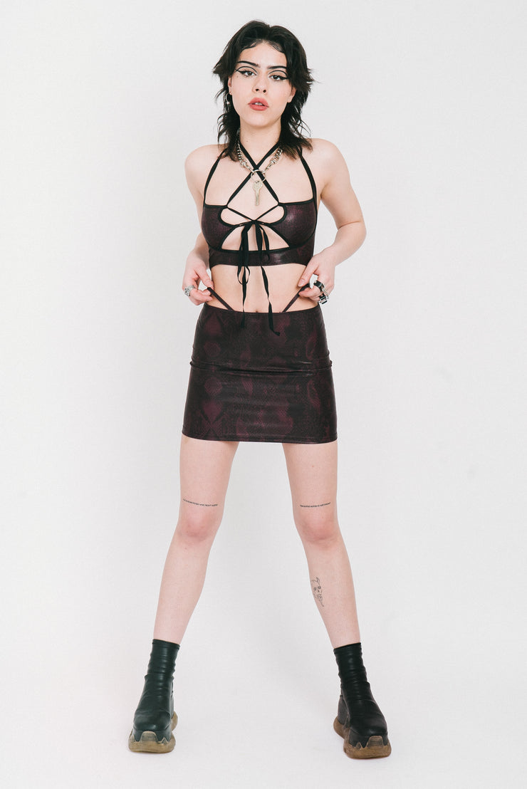 Purple snake print mini skirt with g string straps.