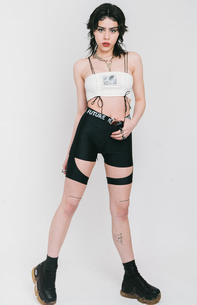 Layered strappy shorts in the "Lara Croft" style made out of black fabric