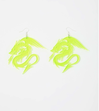 Neon yellow dragon shaped statement earrings.