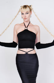 Black crop top with silver ring and matching sleeves.